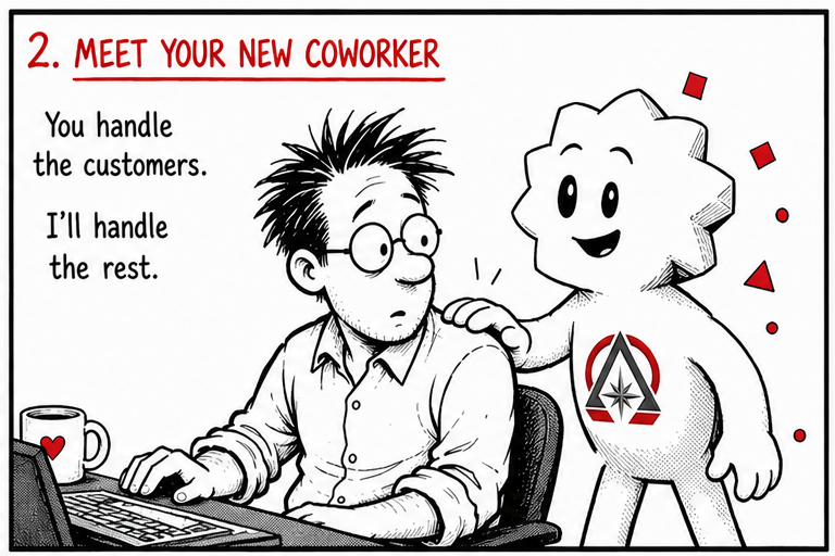Panel 2 — Meet your new coworker: an AI character with the AOtech compass-and-triangle mark on its chest stands beside the owner saying 'You handle the customers. I'll handle the rest.'